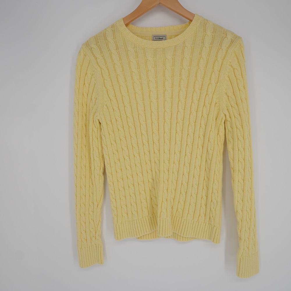 LL Bean Cable Knit Sweater Womens S Yellow Preppy Coastal Fisherman 100% Cotton